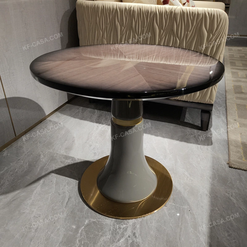 Circular Radial Wood Veneer Sofa Side Table with Sculpted Pedestal and Gold-Finished Stainless Steel Base